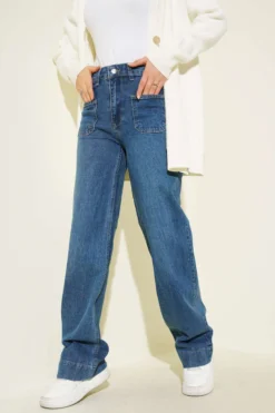Pocketed Palazzo Denim Pants Blue