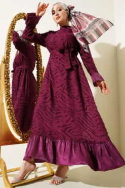 Tulle Detail Flared Dress Burgundy al por mayor dress - Hicabistan fábrica Turquía