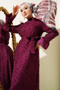 Tulle Detail Flared Dress Burgundy al por mayor dress view 2 - Hicabistan fábrica Turquía