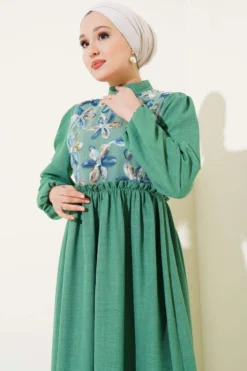 Tulle Flower Dress Green en gros dress view 2 - Hicabistan usine Turquie