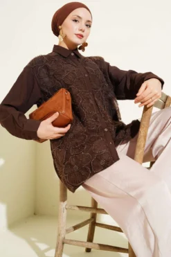 Tulle Flower Embellished Shirt Brown
