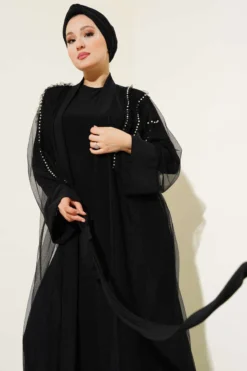 Tulle Pearl Detailed Abaya Black en gros dress - Hicabistan usine Turquie