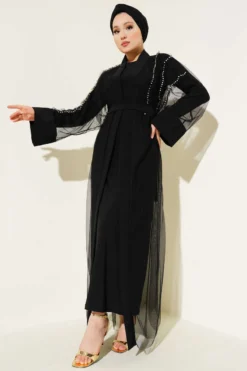Tulle Pearl Detailed Abaya Black en gros dress view 2 - Hicabistan usine Turquie