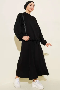 Tunic with Drawstring and Skirt Set Black
