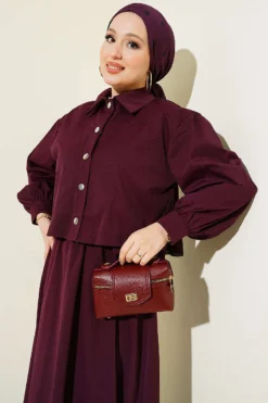 Buttoned Jacket Dress Set Burgundy wholesale clothing set view 2 - Hicabistan Turkey factory