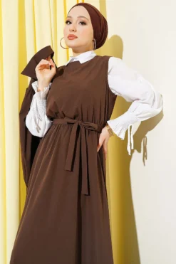 Buttoned Jacket Dress Set Brown wholesale clothing set view 2 - Hicabistan Turkey factory