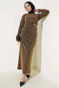 Stone Accessory Glitter Dress Camel