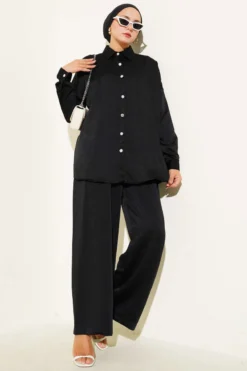 Stone Button Detailed Two-Piece Set Black