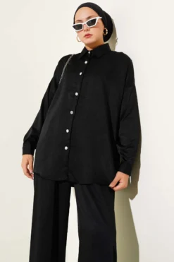 Alternative view of Stone Button Detailed Two-Piece Set Black