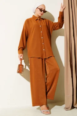 Stone Button Detailed Two-Piece Set Tan