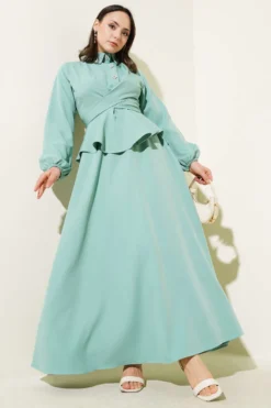 Stone Button Tied Skirt Set Mint
