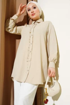 Stone Button Ruffled Shirt Beige