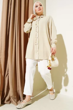 Alternative view of Stone Button Ruffled Shirt Beige