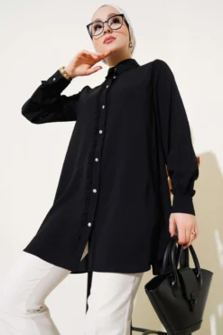 Stone Button Ruffled Shirt Black