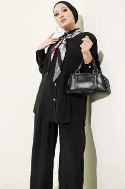 Alternative view of Stone Button Scarf Modal Two-Piece Set Black