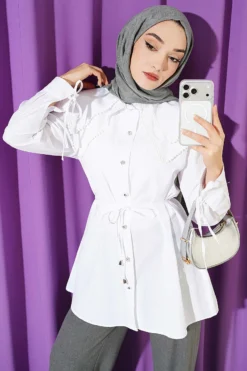 Stone Button Double Sailor Collar Shirt White