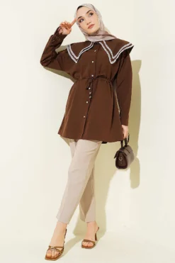 Alternative view of Stone Button Double Sailor Collar Shirt Brown
