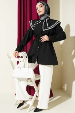 Alternative view of Stone Button Double Sailor Collar Shirt Black