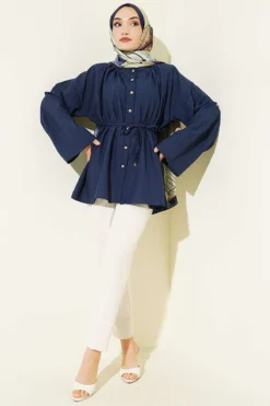 Alternative view of Stone Button Striped Textured Shirt Navy Blue