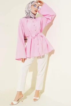 Stone Button Striped Textured Shirt Pink en gros shirt view 2 - Hicabistan usine Turquie
