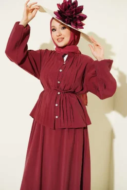 Buttoned Ribbed Modal Skirt Set Burgundy