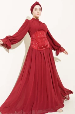 Stone Detailed Corset Evening Dress Burgundy wholesale dress view 2 - Hicabistan Turkey factory