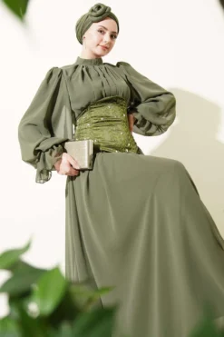 Stone Detailed Corset Evening Dress Khaki wholesale dress view 2 - Hicabistan Turkey factory