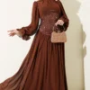 Stone Detailed Corset Evening Dress Brown Großhandel dress - Hicabistan Türkei Fabrik
