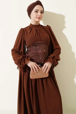 Stone Detailed Corset Evening Dress Brown wholesale dress view 2 - Hicabistan Turkey factory