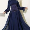 Stone Detailed Corset Evening Dress Navy Blue groothandel dress - Hicabistan Turkije fabriek