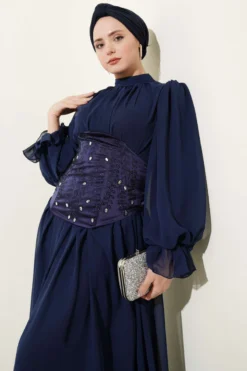 Stone Detailed Corset Evening Dress Navy Blue wholesale dress view 2 - Hicabistan Turkey factory