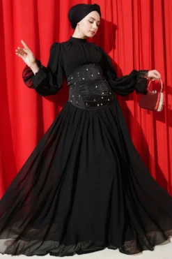 Stone Detailed Corset Evening Dress Black wholesale dress view 2 - Hicabistan Turkey factory