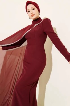 Tulle Cape Evening Dress Burgundy en gros dress view 2 - Hicabistan usine Turquie