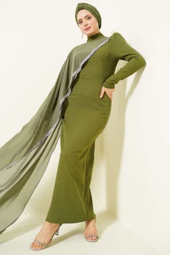 Tulle Cape Evening Dress Khaki Großhandel dress view 2 - Hicabistan Türkei Fabrik