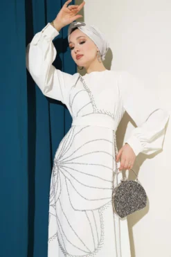 Embellished Evening Dress White al por mayor dress view 2 - Hicabistan fábrica Turquía
