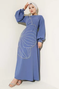 Embellished Evening Dress Indigo al por mayor dress view 2 - Hicabistan fábrica Turquía