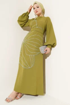 Embellished Evening Dress Stone al por mayor dress view 2 - Hicabistan fábrica Turquía