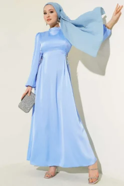 Beaded Satin Evening Dress Baby Blue wholesale dress - Hicabistan Turkey factory