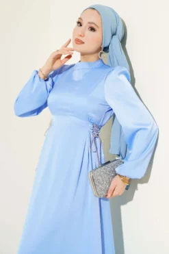 Beaded Satin Evening Dress Baby Blue wholesale dress view 2 - Hicabistan Turkey factory