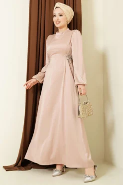 Beaded Satin Evening Dress Beige wholesale dress - Hicabistan Turkey factory