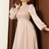 Beaded Satin Evening Dress Beige Großhandel dress view 2 - Hicabistan Türkei Fabrik