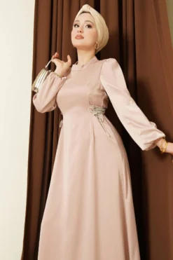Beaded Satin Evening Dress Beige wholesale dress view 2 - Hicabistan Turkey factory