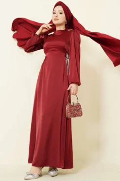 Beaded Satin Evening Dress Burgundy en gros dress - Hicabistan usine Turquie