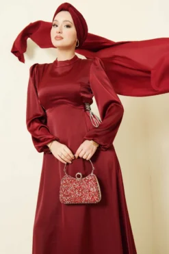 Beaded Satin Evening Dress Burgundy en gros dress view 2 - Hicabistan usine Turquie