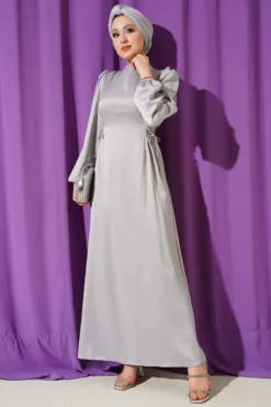 Beaded Satin Evening Dress Grey en gros dress - Hicabistan usine Turquie