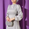 Beaded Satin Evening Dress Grey all'ingrosso dress view 2 - Hicabistan fabbrica Turchia