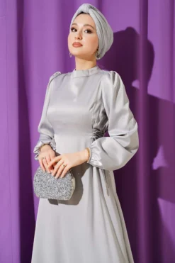 Beaded Satin Evening Dress Grey en gros dress view 2 - Hicabistan usine Turquie
