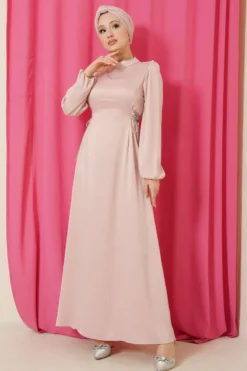 Beaded Satin Evening Dress Pink en gros dress - Hicabistan usine Turquie