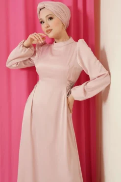 Beaded Satin Evening Dress Pink en gros dress view 2 - Hicabistan usine Turquie