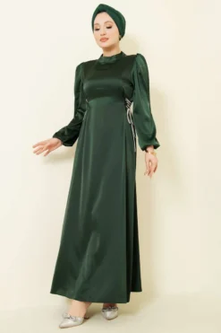 Beaded Satin Evening Dress Emerald en gros dress - Hicabistan usine Turquie